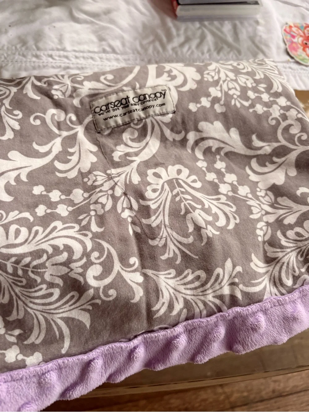 Canopy Gray and White Floral Infant Car Seat Cover with Lavender Trim